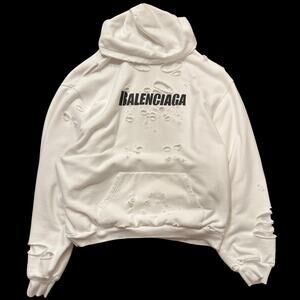 Balenciaga Destroyed Distressed Logo Print Hoodie White Sz M